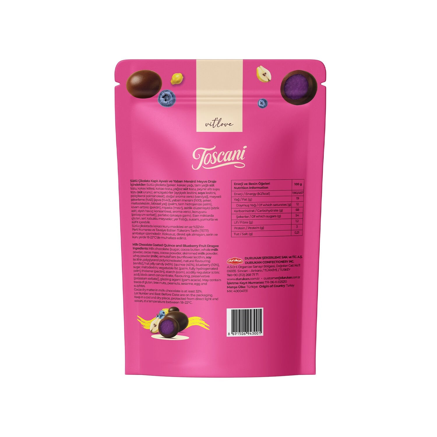 Toscani Yaban Mersini ve Ayva Aromalı Sütlü Çikolata Kaplı Meyve Draje 2’li  x 60gr