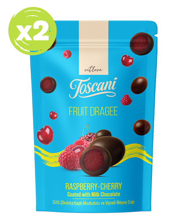 Toscani Sütlü Çikolata Kaplı Ahududu ve Vişne Aromalı Meyve Draje 2’li Set x 60gr