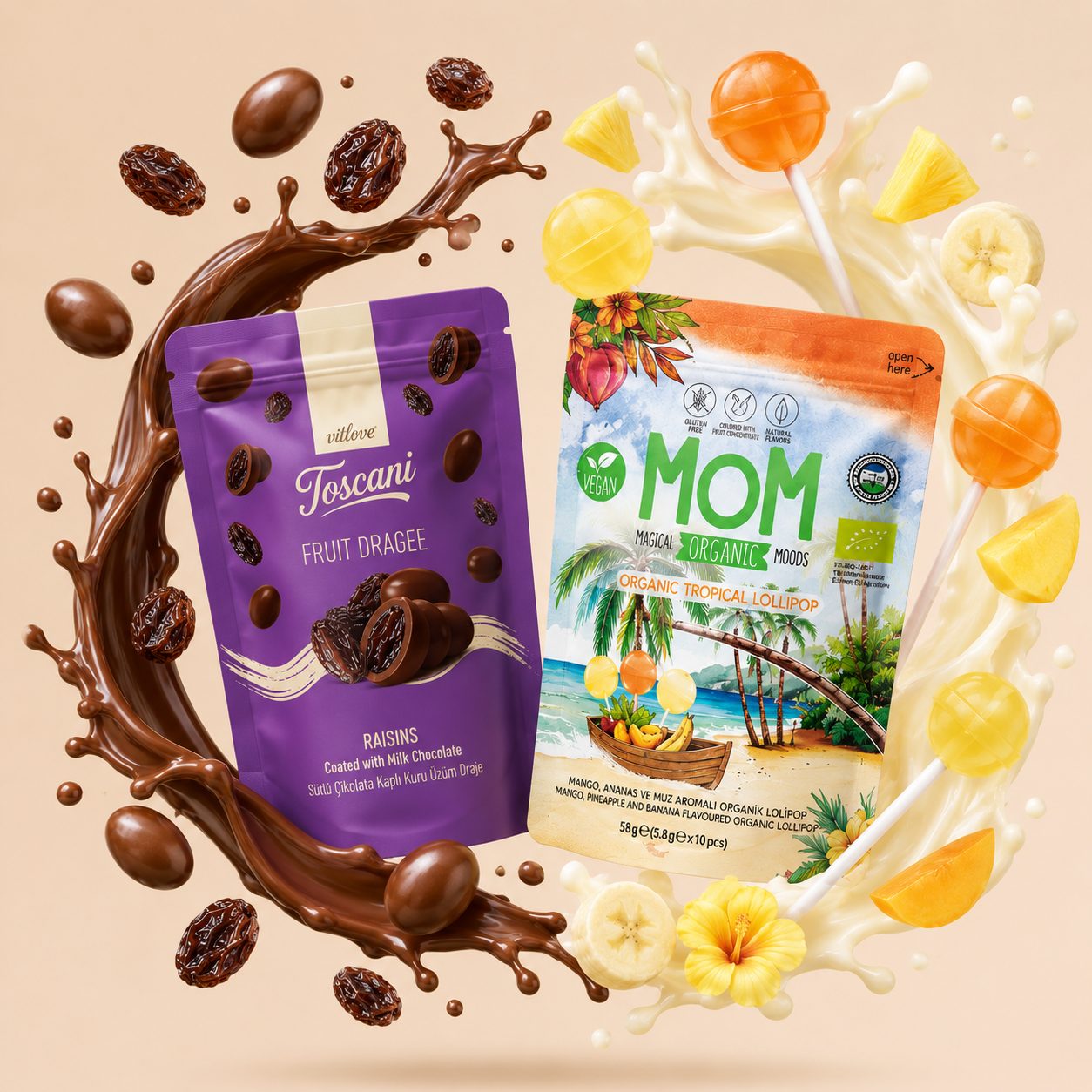 MOM Organic Tropical Lollipop & Toscani Çikolata Kaplı Kuru Üzüm – Lezzet Paketi