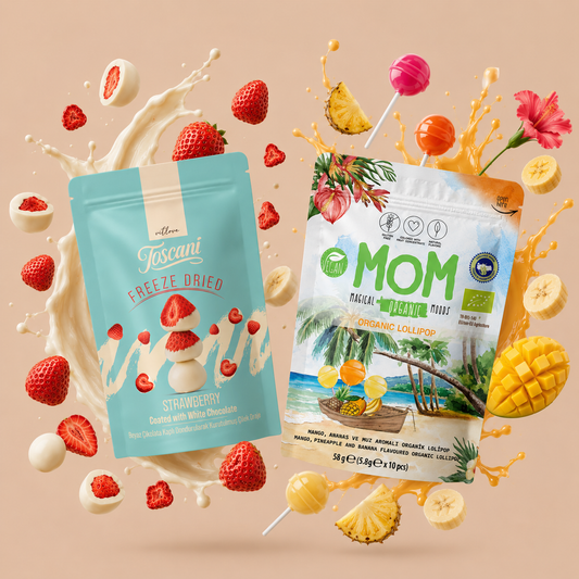 MOM Organik Tropikal Lolipop ve Toscani Beyaz Çikolata Kaplı Freeze Dried Çilek 2’li Set