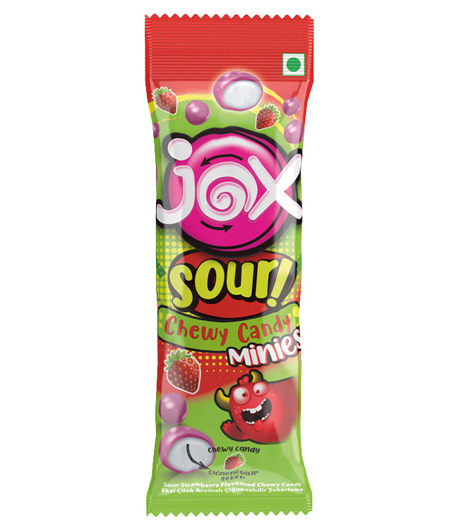 JOX Sour Chewy Candy Minnies – Ekşi Çilek Aromalı Çiğnenebilir Şekerleme 10g x 24