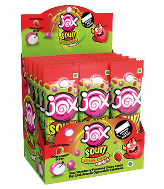 JOX Sour Chewy Candy Minnies – Ekşi Çilek Aromalı Çiğnenebilir Şekerleme 10g x 24
