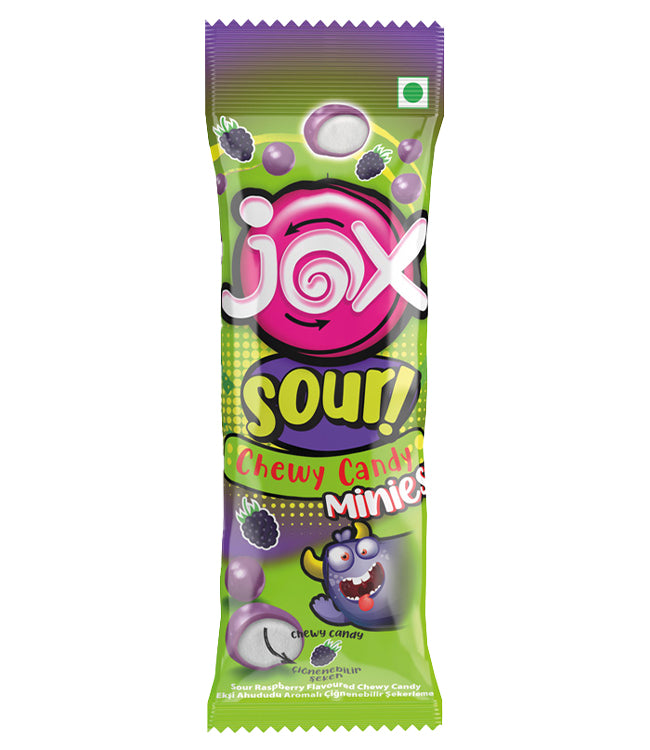 JOX Sour Chewy Candy Minnies – Ekşi Ahududu Aromalı Çiğnenebilir Şekerleme, 10gr X 24