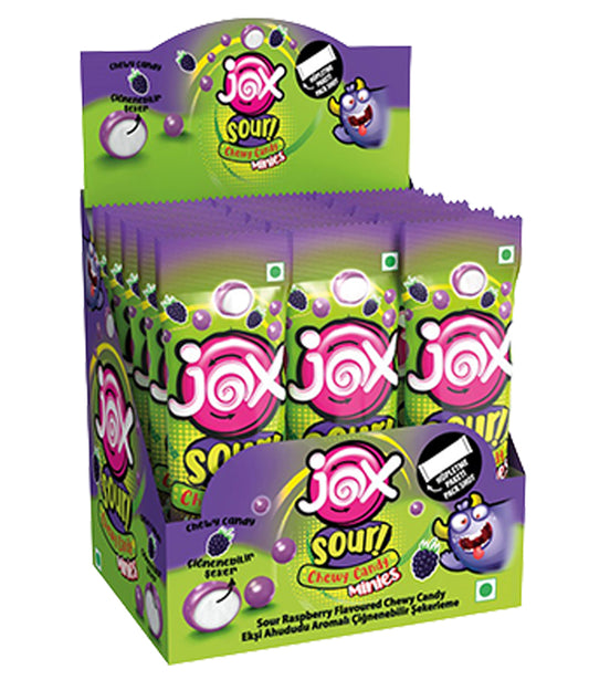 JOX Sour Chewy Candy Minnies – Ekşi Ahududu Aromalı Çiğnenebilir Şekerleme, 10gr X 24