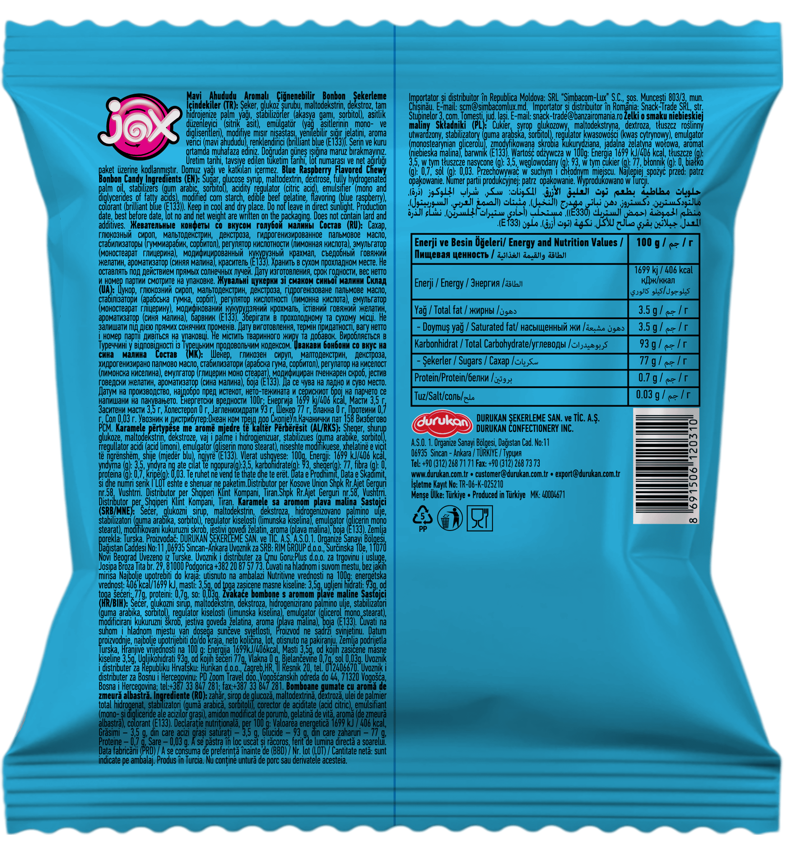 JOX Chewy Bonbons Mavi Ahududu Aromalı Dolgulu Bonbon Şekerleme