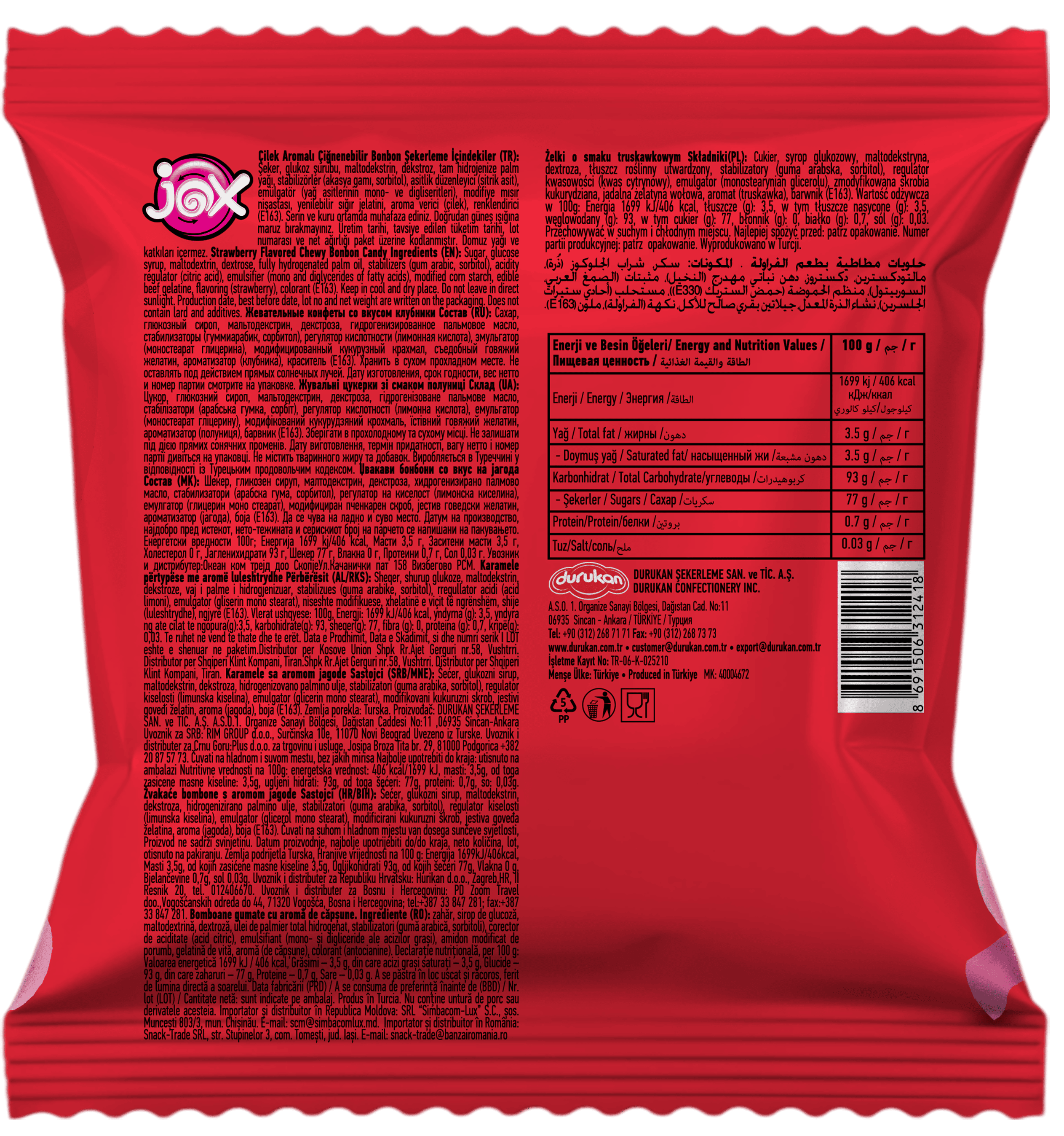 JOX Chewy Bonbons Çilek Aromalı Dolgulu Bonbon Şekerleme