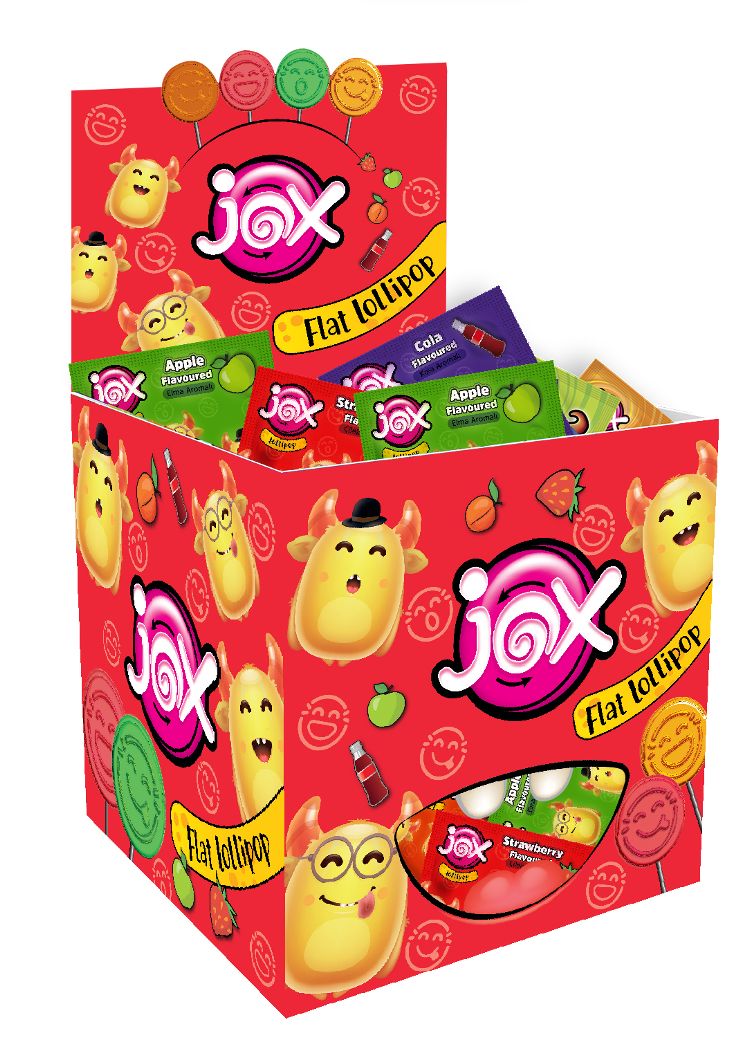 Jox Flat Kabartmalı Yüz İfadeli Çilek-Kola-Şeftali-Elma Aromalı Lolipop Şekerleme 6,2 gr x 150 adet