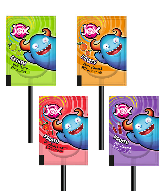 JOX Flat Lollipop Fruity – Karışık Meyve ve Kola Aromalı Yassı Lolipop