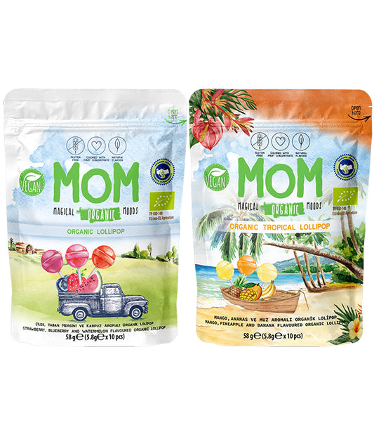 MOM Organic Lollipop 2’li Paket – 1 Tropikal &amp; 1 Meyveli Organik Lolipop 58g X 2