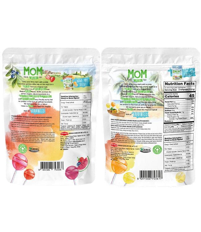 MOM Organic Lollipop 2’li Paket – 1 Tropikal &amp; 1 Meyveli Organik Lolipop 58g X 2