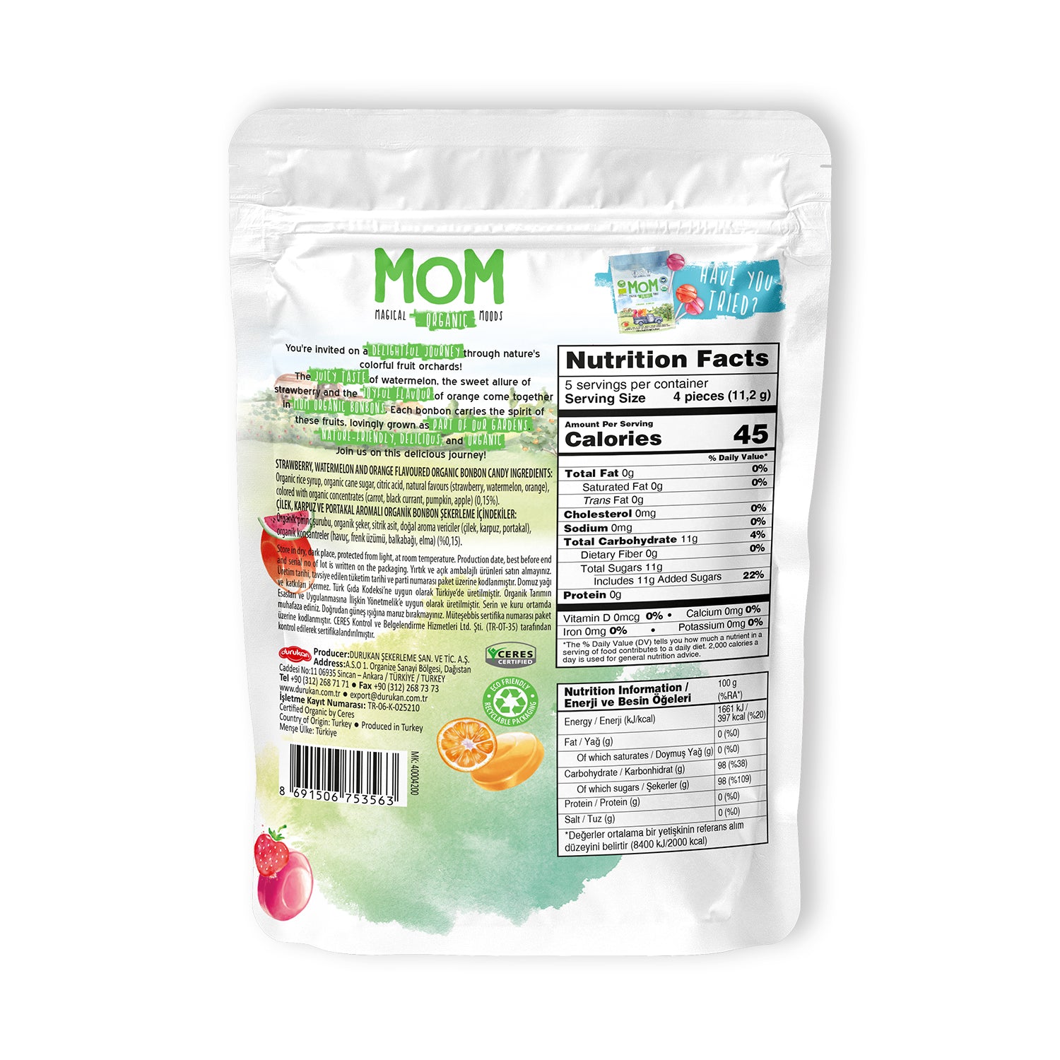 MOM Organik Bonbon – Meyve Aromalı Organik Şekerleme 56 g