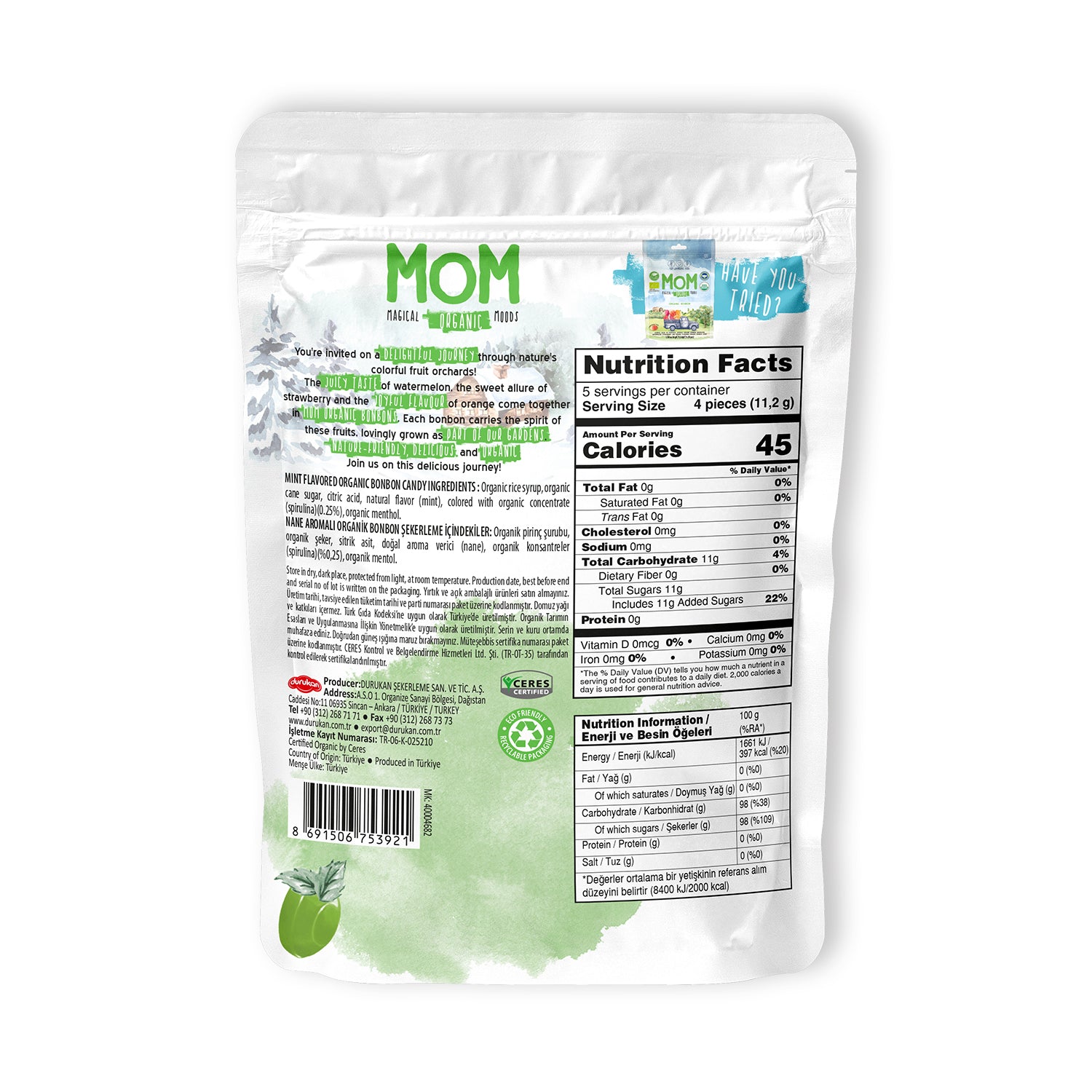 MOM Organic Spearmint Bonbon – Organik Yeşil Nane Aromalı Bonbon 56 g