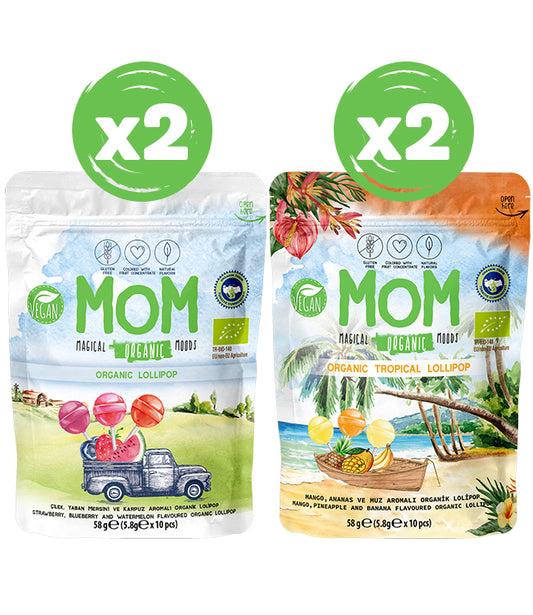 MOM Organik Lolipop Karışık 4’lü Paket – Meyveli &amp; Tropical, 58g X 4