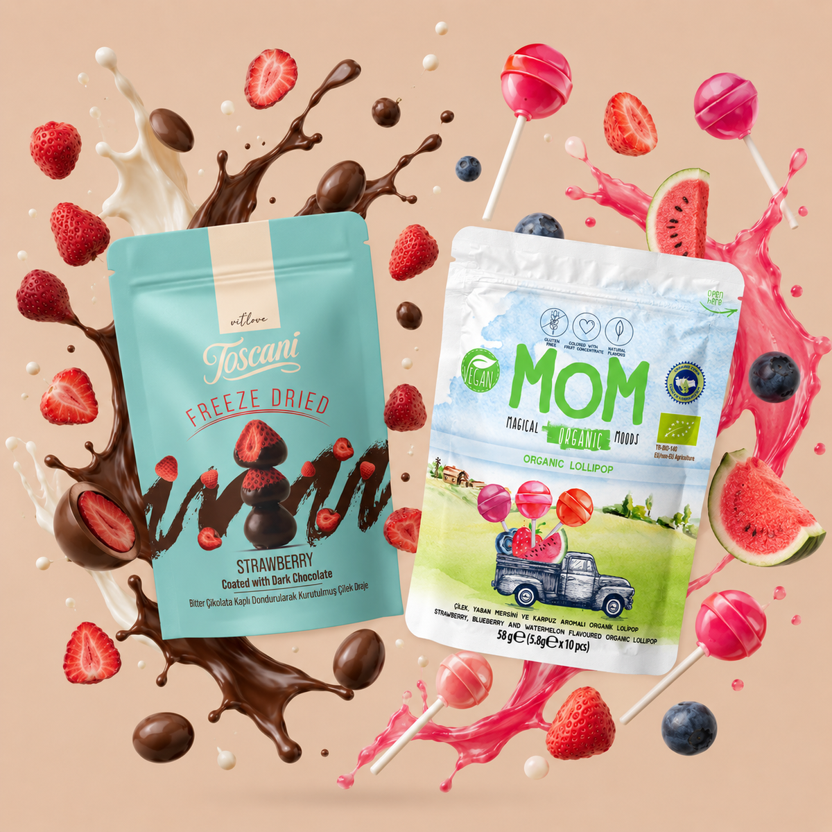 MOM Organik Meyveli Lolipop ve Toscani Bitter Çikolata Kaplı Freeze Dried Çilek 2’li Set