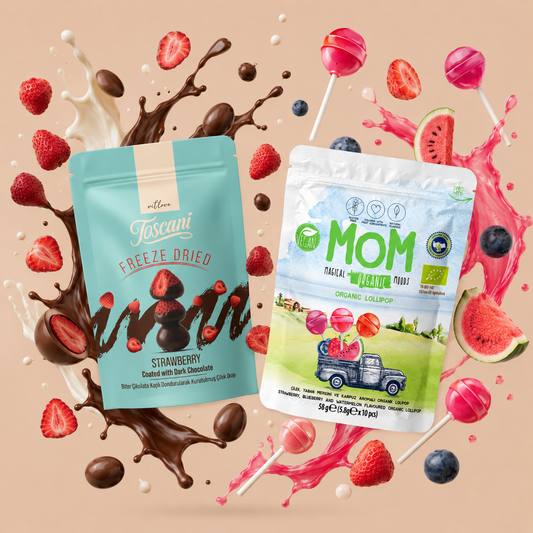 MOM Organik Meyveli Lolipop ve Toscani Bitter Çikolata Kaplı Freeze Dried Çilek 2’li Set
