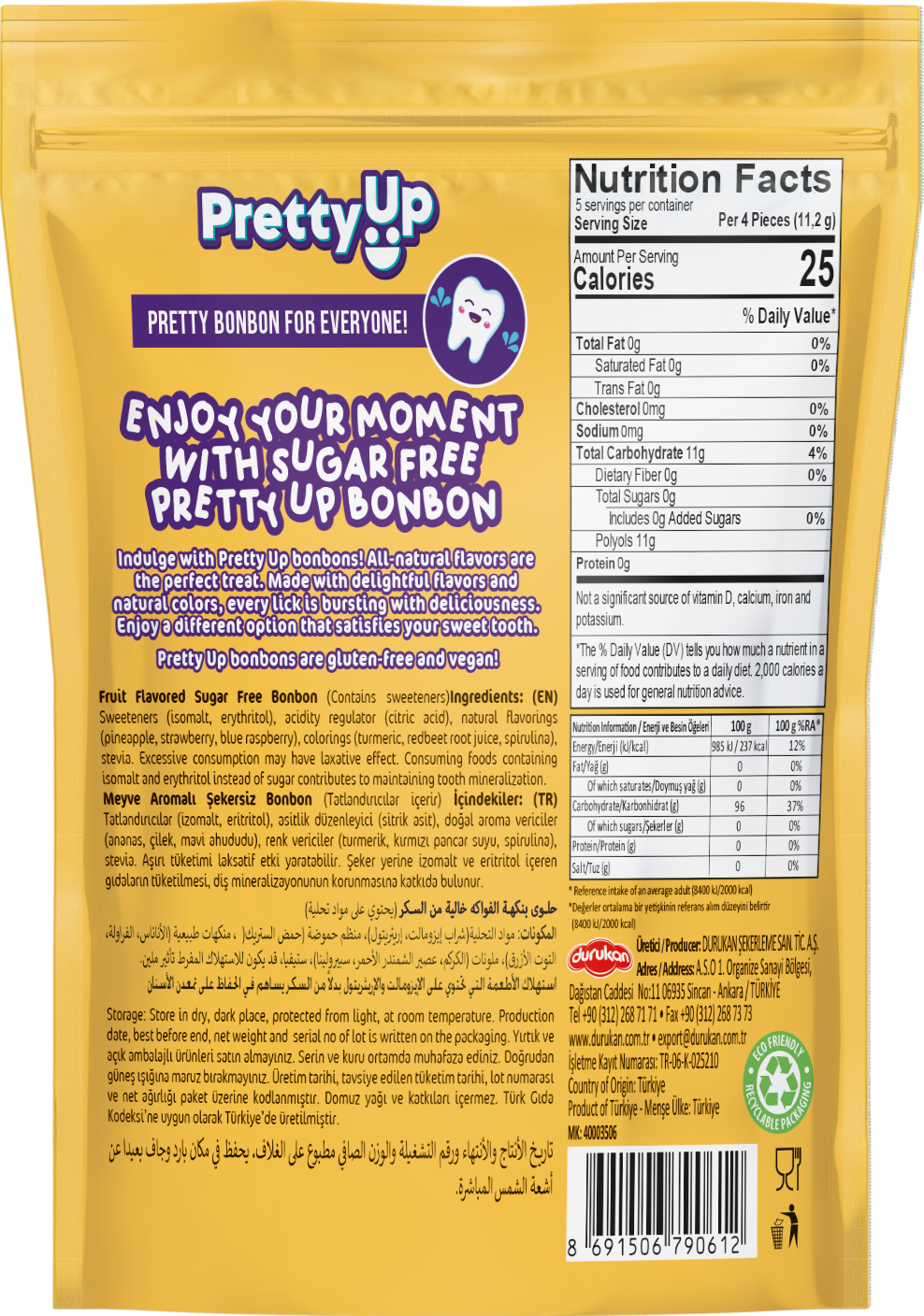 Pretty Up Şekersiz Meyve Aromalı Bonbon Sert Şekerleme 56g