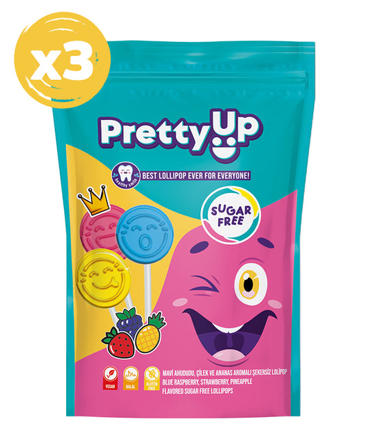 Pretty Up Şekersiz Lolipop – Mavi Ahududu, Çilek ve Ananas Aromalı 3’lü Paket
