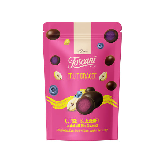 Toscani Sütlü Çikolata Kaplı Yaban Mersini &amp; Ayva Aromalı Meyve Draje 60g