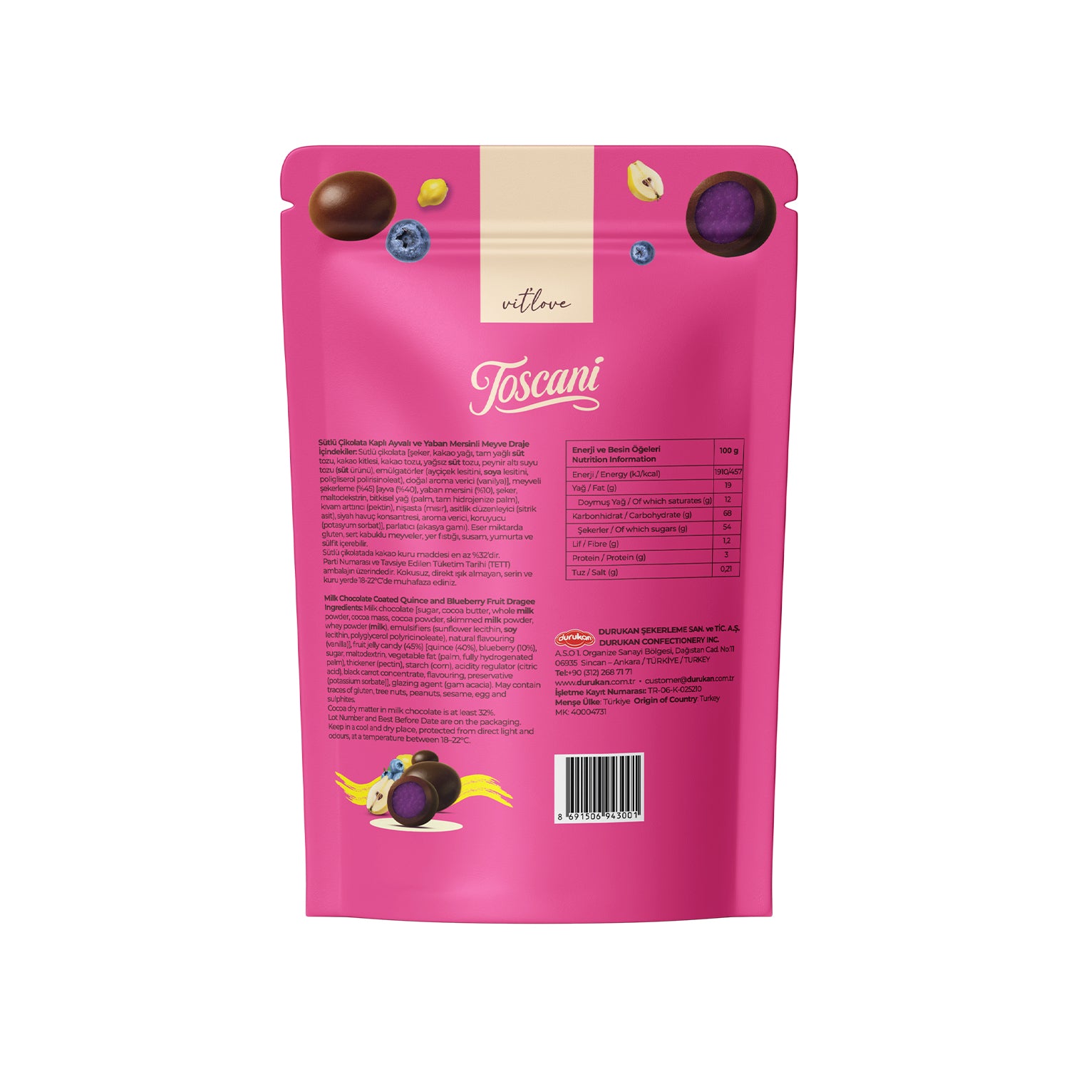 Toscani Sütlü Çikolata Kaplı Yaban Mersini &amp; Ayva Aromalı Meyve Draje 60g