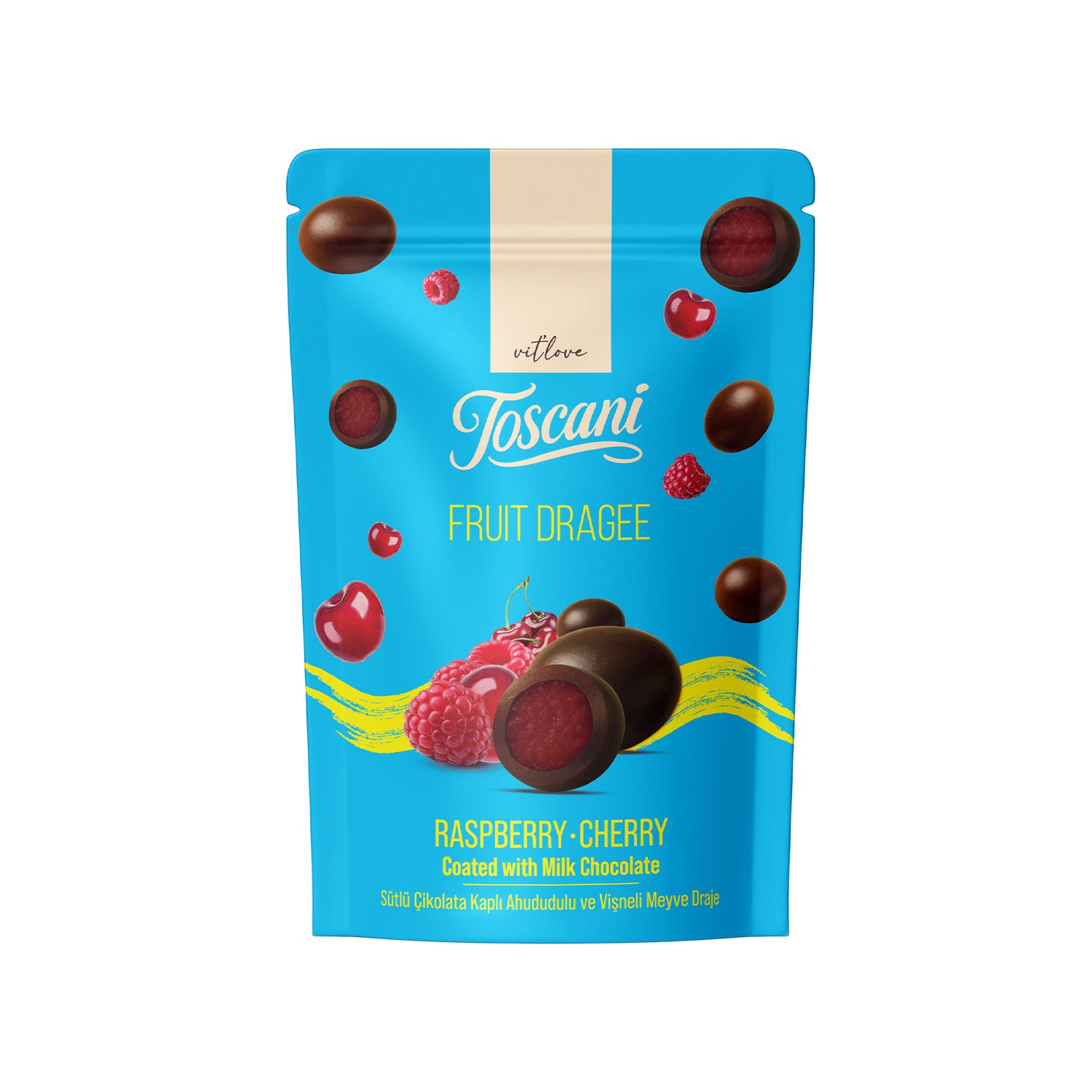 Toscani Sütlü Çikolata Kaplı Ahududu &amp; Vişne Aromalı Meyve Draje 60g