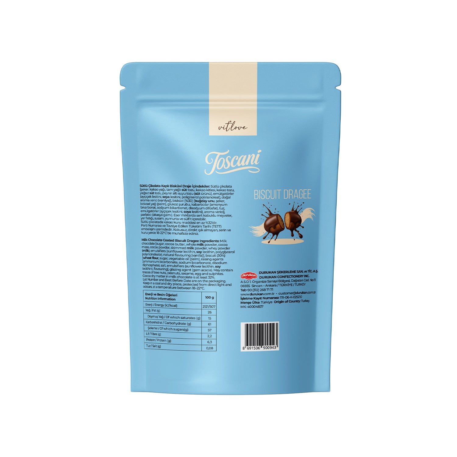 Toscani Sütlü Çikolata Kaplı Bisküvi Draje, 60g