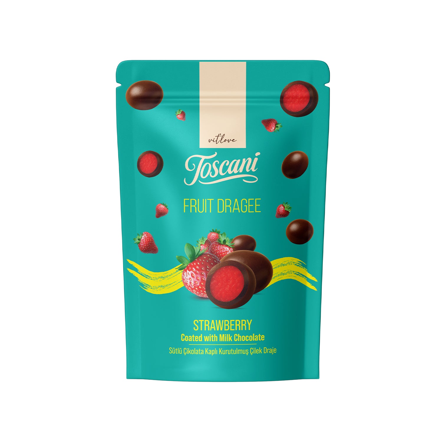 Toscani Sütlü Çikolata Kaplı Çilek Aromalı Meyve Draje, 60G