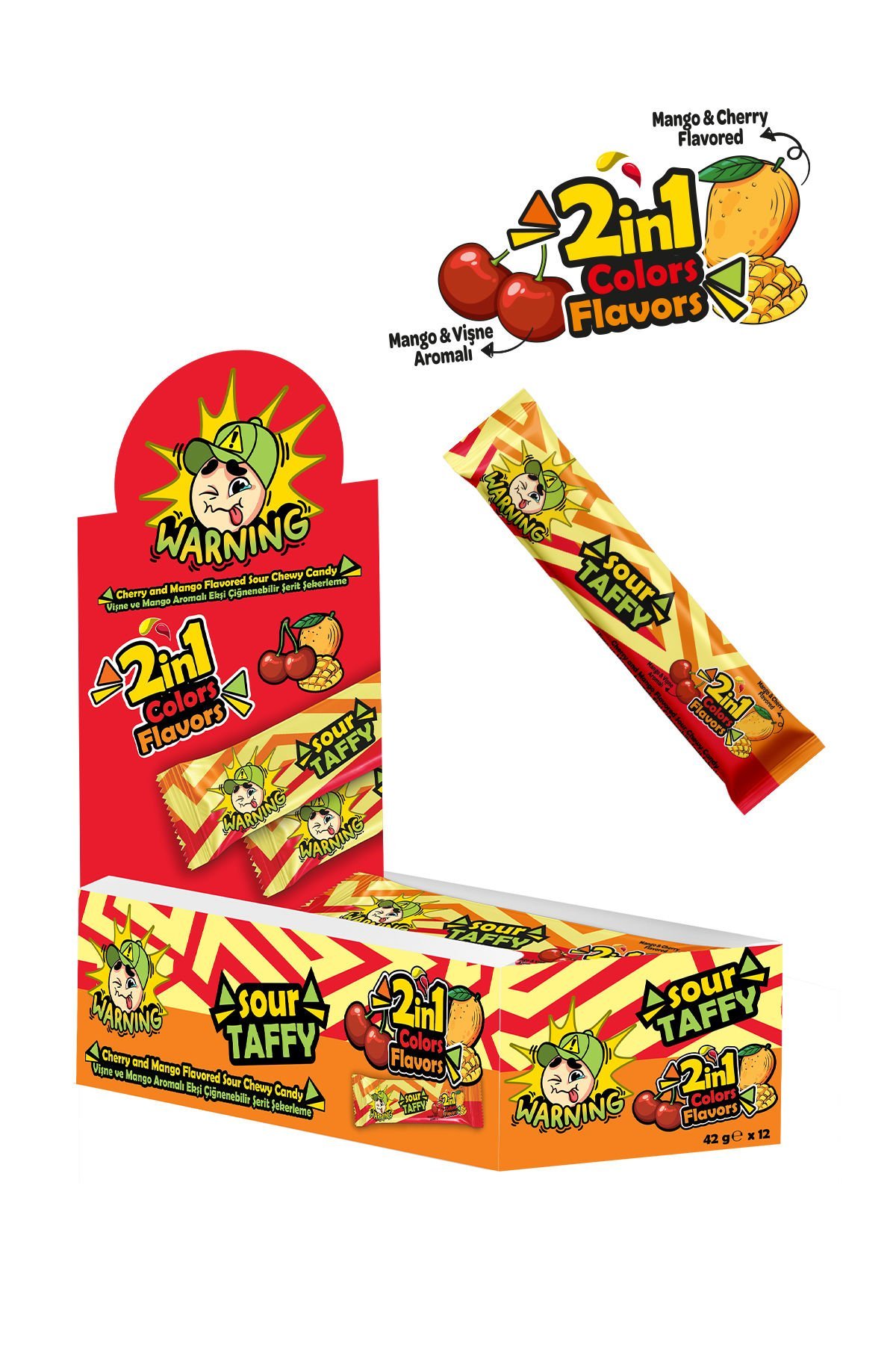 WARNING SOUR TAFFY VİŞNE-MANGO EKŞİ YUMUŞAK ŞEKERLEME (42gx12 adet)