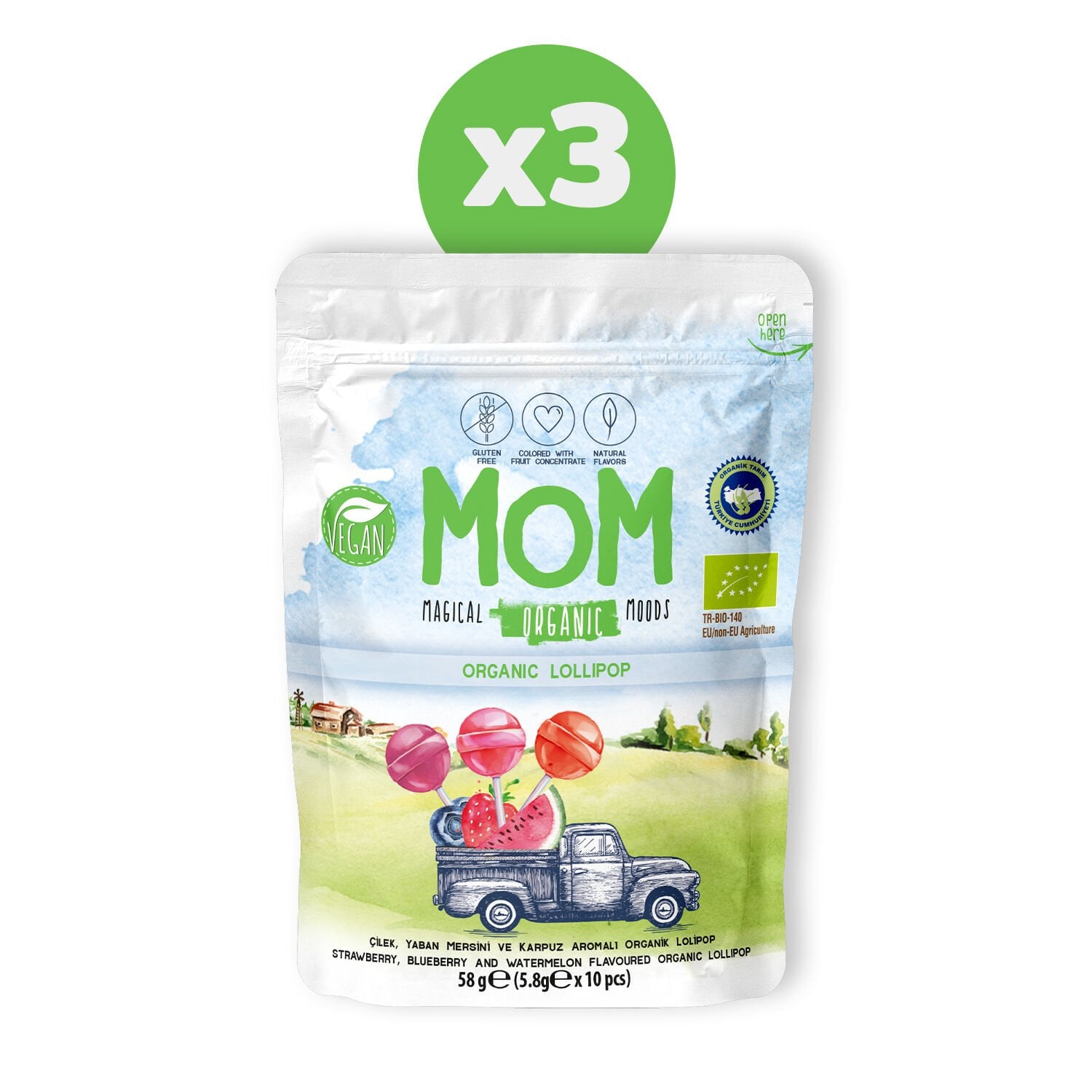 Organik Meyveli Lolipop, 58g X3