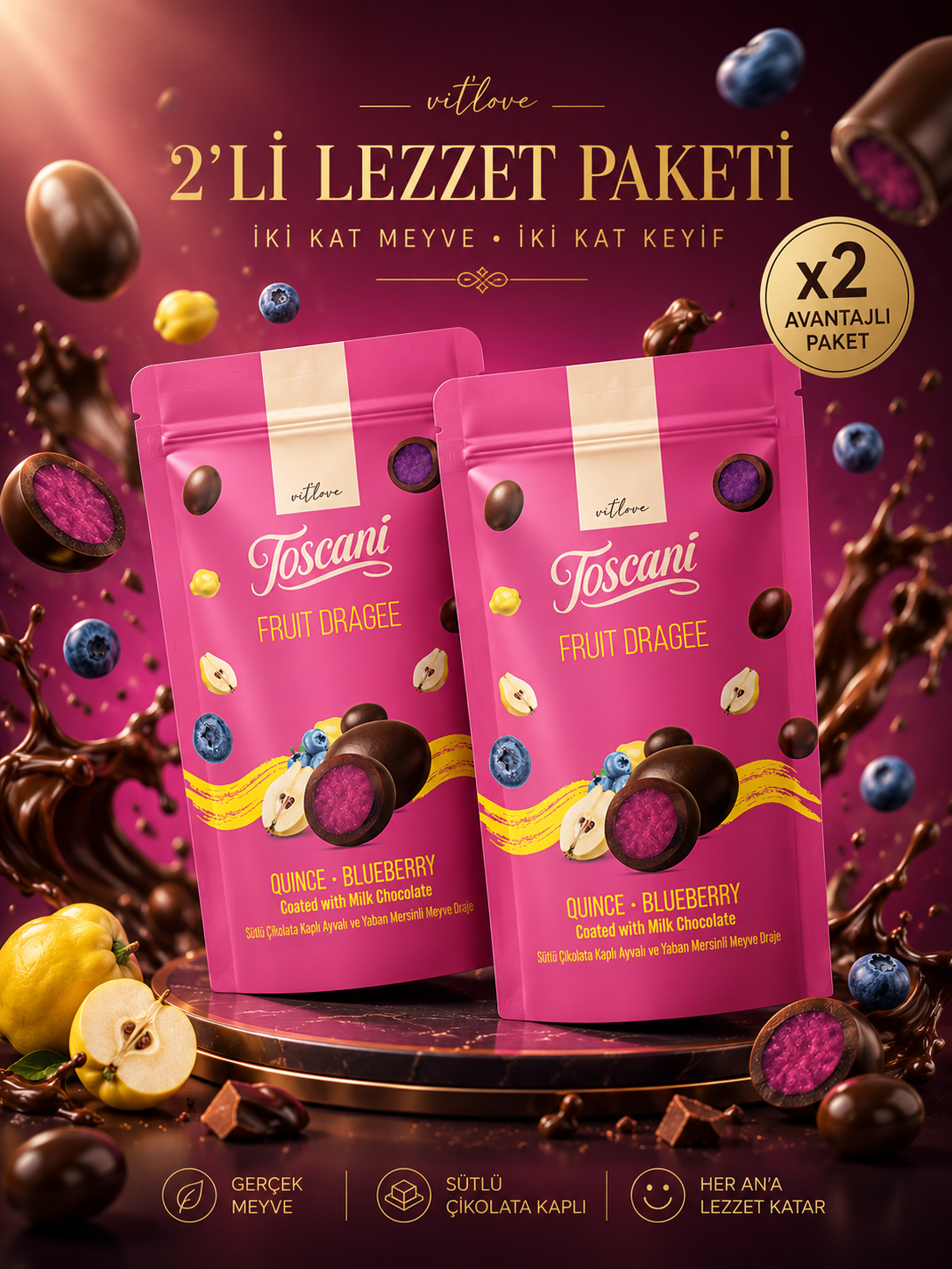 Sütlü Çikolata Kaplı Ayvalı Ve Yaban Mersinli Meyve Draje 2 x 60gr