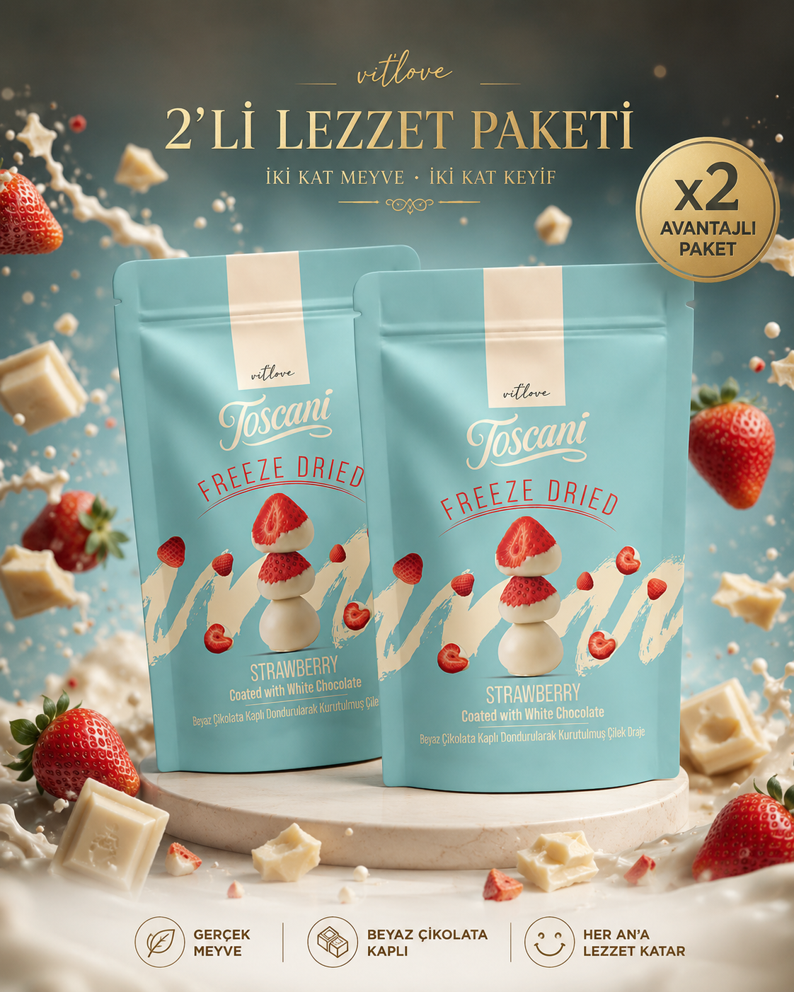 Beyaz Çikolata Kaplı Dondurularak Kurutulmuş Çilek Draje 2 x 60gr